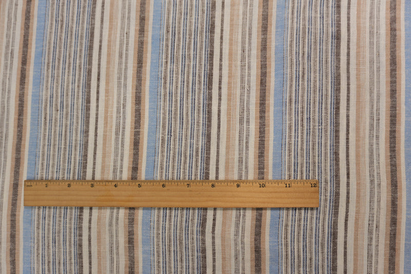 Beige-Blue Famous Designer Linen Rayon Stripe Woven Fabric