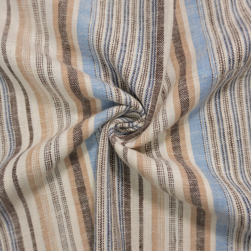 Beige-Blue Famous Designer Linen Rayon Stripe Woven Fabric