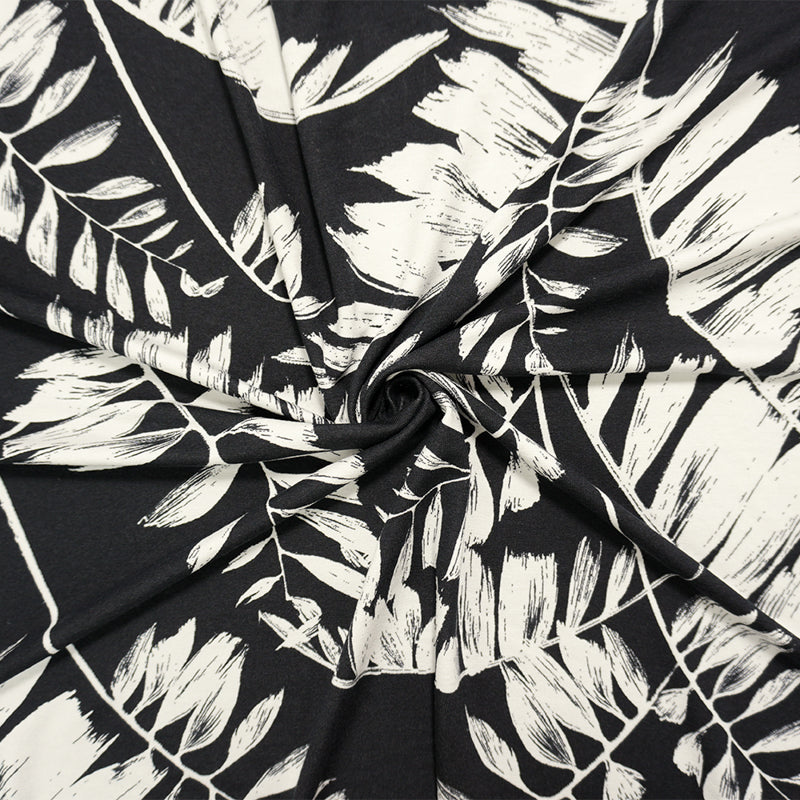 Black-White Famous Designer Viscose Leaves Jersey Knit Fabric