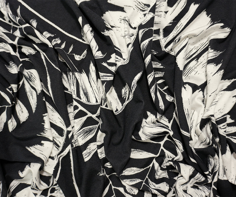 Black-White Famous Designer Viscose Leaves Jersey Knit Fabric