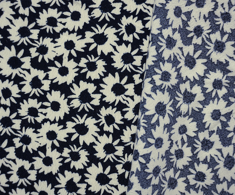 Deep Navy-White Famous Designer Viscose Floral Printed Crepe Faille Woven Fabric