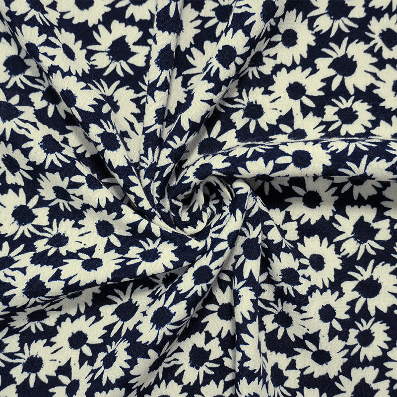 Deep Navy-White Famous Designer Viscose Floral Printed Crepe Faille Woven Fabric