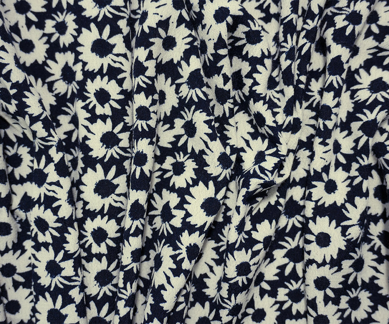 Deep Navy-White Famous Designer Viscose Floral Printed Crepe Faille Woven Fabric