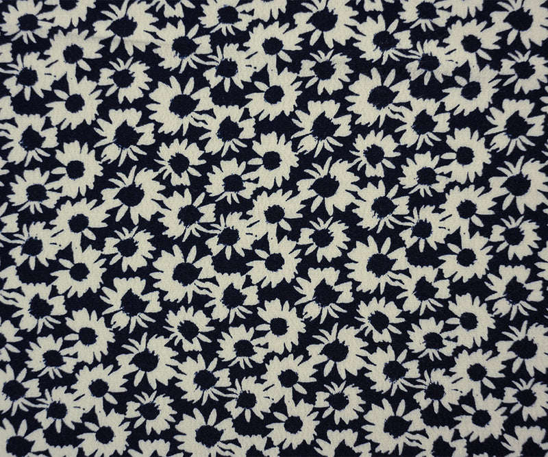 Deep Navy-White Famous Designer Viscose Floral Printed Crepe Faille Woven Fabric