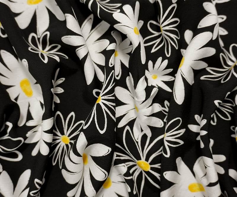 Black-White Famous Designer Viscose Daisy Printed Challis Fabric