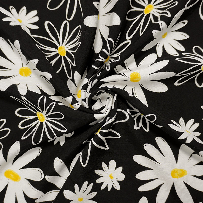 Black-White Famous Designer Viscose Daisy Printed Challis Fabric