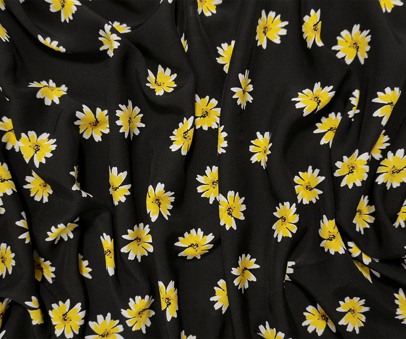 Black-Yellow Famous Designer Viscose Floral Challis Woven Fabric