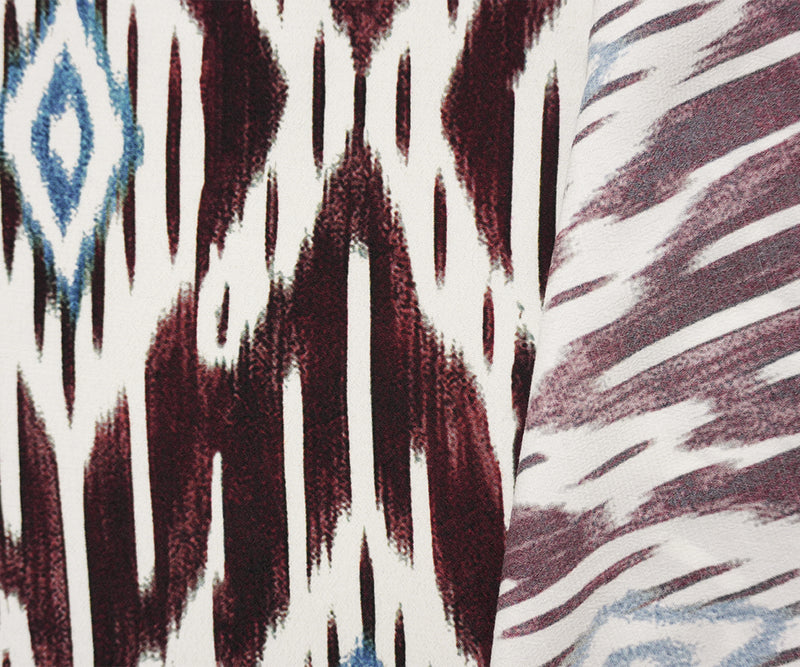 Red-Multi Famous Designer Viscose Ikat Crepe Faille Woven Fabric
