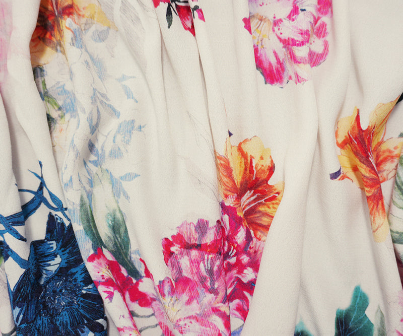 Ivory-Multi Famous Designer Viscose Floral Crepe Faille Fabric