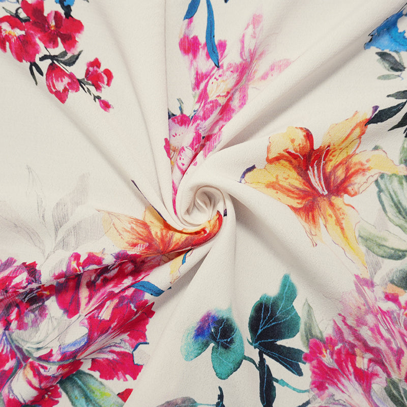 Ivory-Multi Famous Designer Viscose Floral Crepe Faille Fabric