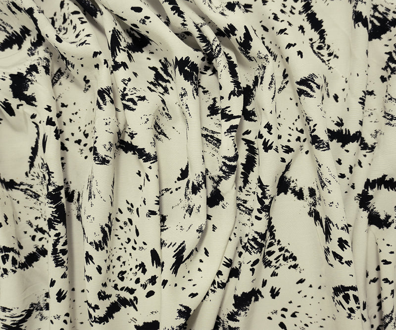 Ivory-Black Designer Viscose Abstract Crepe De Chine Woven Fabric
