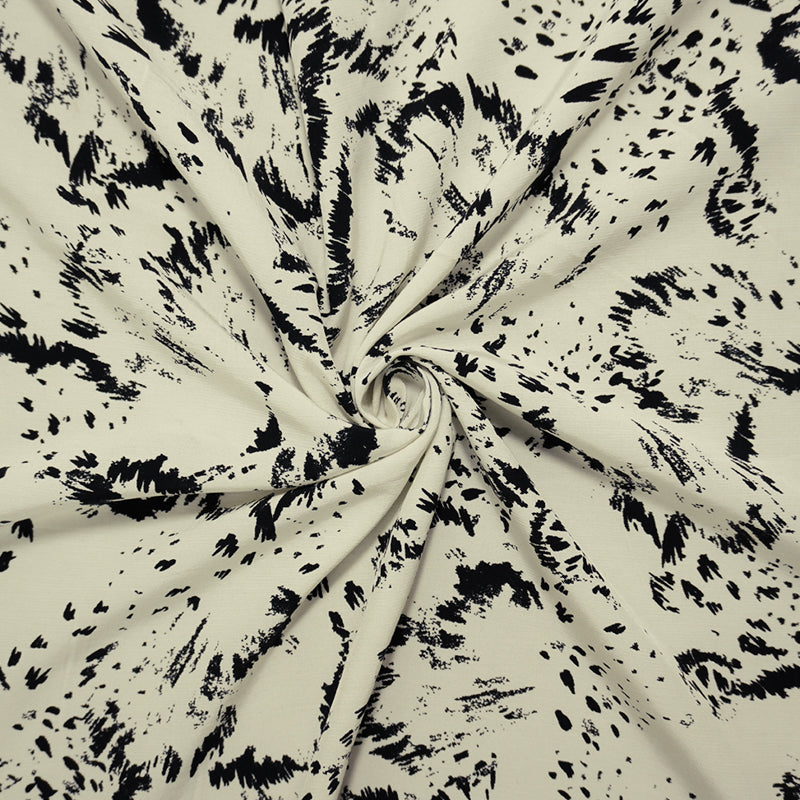 Ivory-Black Designer Viscose Abstract Crepe De Chine Woven Fabric
