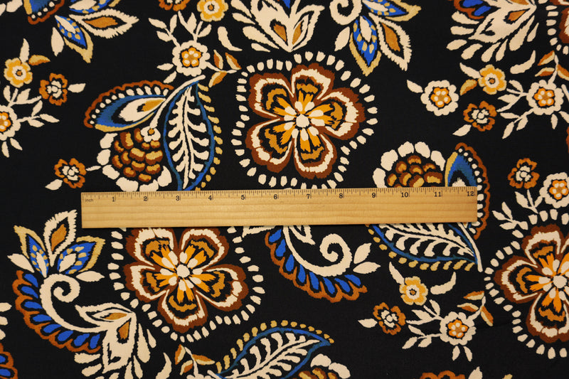 Black-Multi Designer Viscose Floral Print Crepe De Chine Fabric