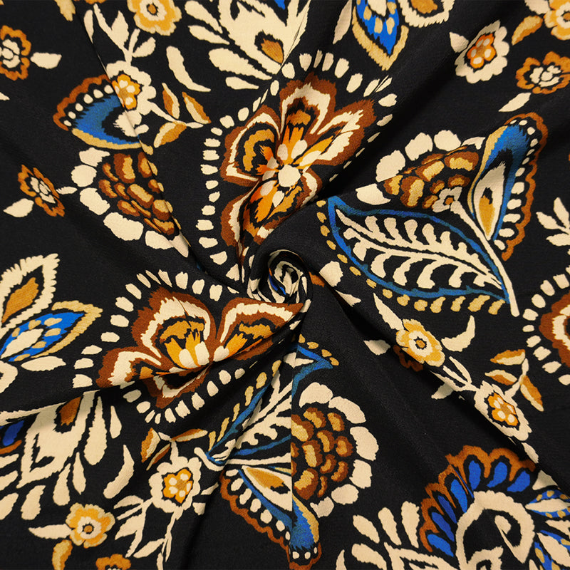 Black-Multi Designer Viscose Floral Print Crepe De Chine Fabric