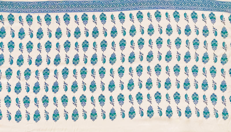 Ivory-Blue Designer Viscose Border PANEL Crepe Faille Fabric