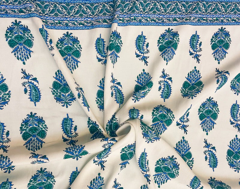 Ivory-Blue Designer Viscose Border PANEL Crepe Faille Fabric