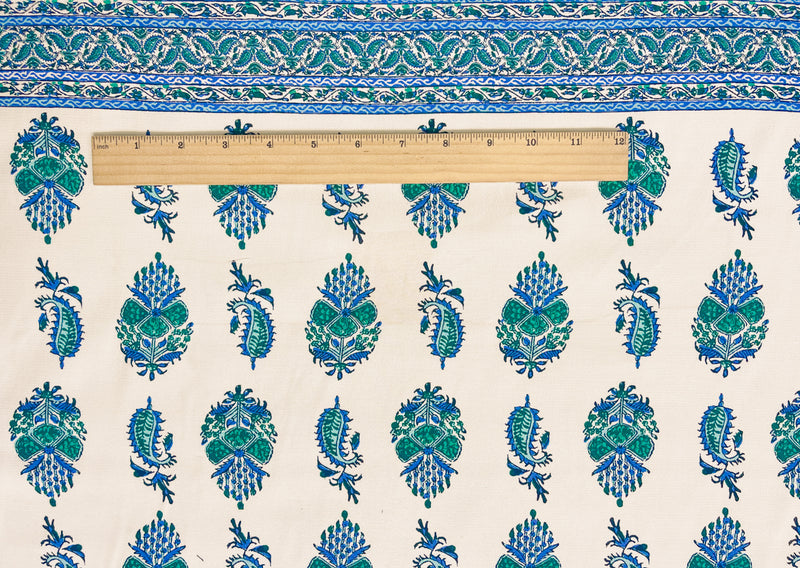 Ivory-Blue Designer Viscose Border PANEL Crepe Faille Fabric