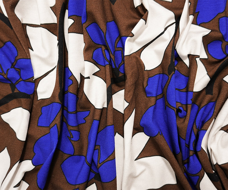 Brown-Blue Designer Viscose Spandex Floral Print Jersey Knit Fabric