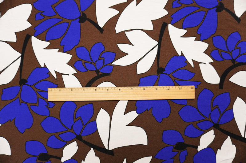 Brown-Blue Designer Viscose Spandex Floral Print Jersey Knit Fabric