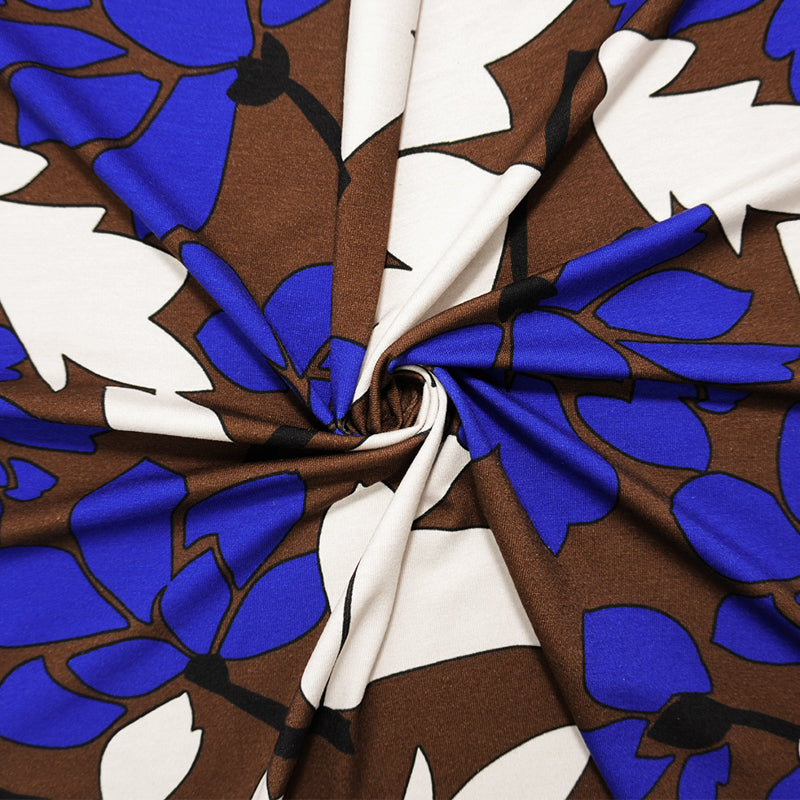 Brown-Blue Designer Viscose Spandex Floral Print Jersey Knit Fabric