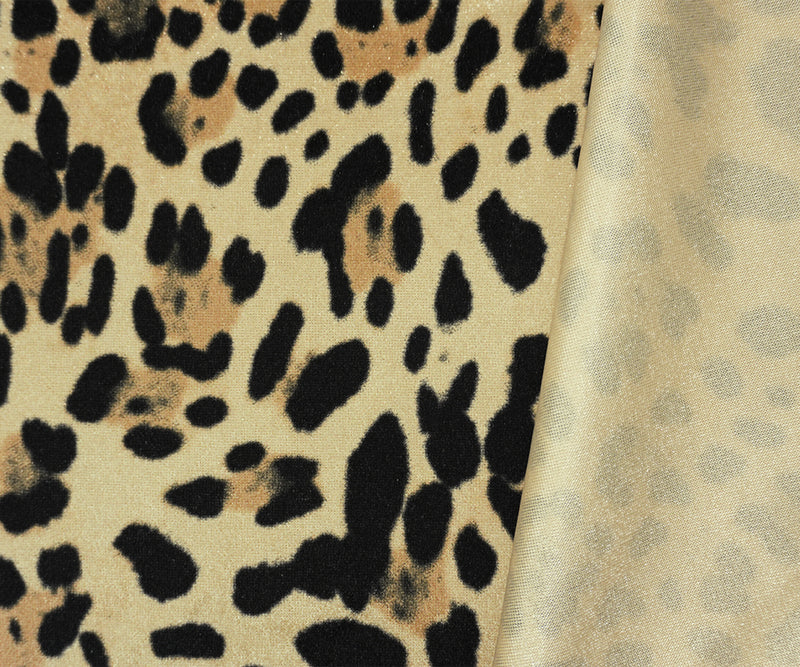 Beige-Black Designer Poly Leopard Printed Velvet Knit Fabric