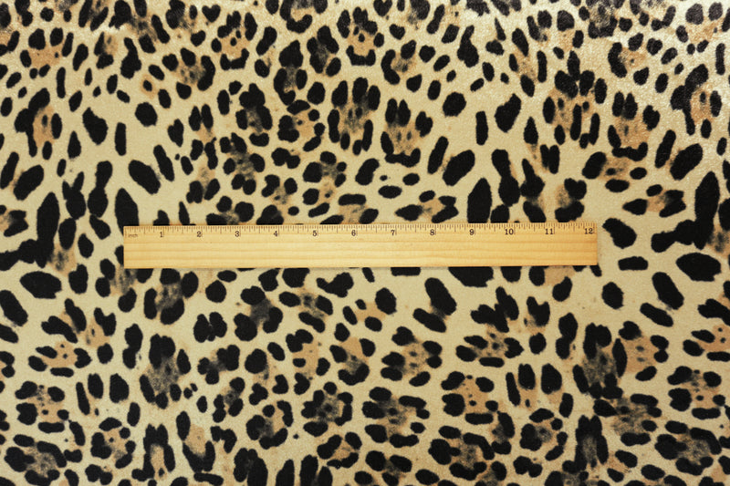 Beige-Black Designer Poly Leopard Printed Velvet Knit Fabric