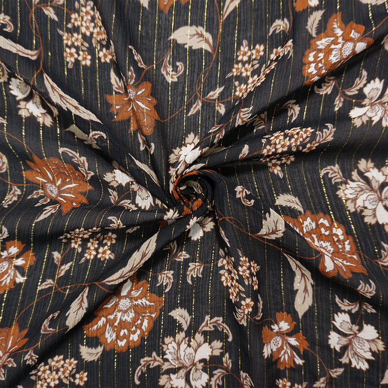 Black-Gold Famous Designer Viscose Silk Floral Chiffon Fabric