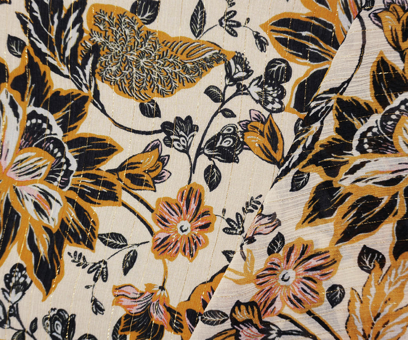 Yellow-Gold Famous Designer Viscose Silk Floral Chiffon Fabric