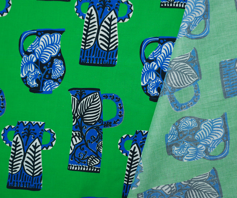 Green-Blue Famous Designer Cotton Vase Printed Batiste Woven Fabric