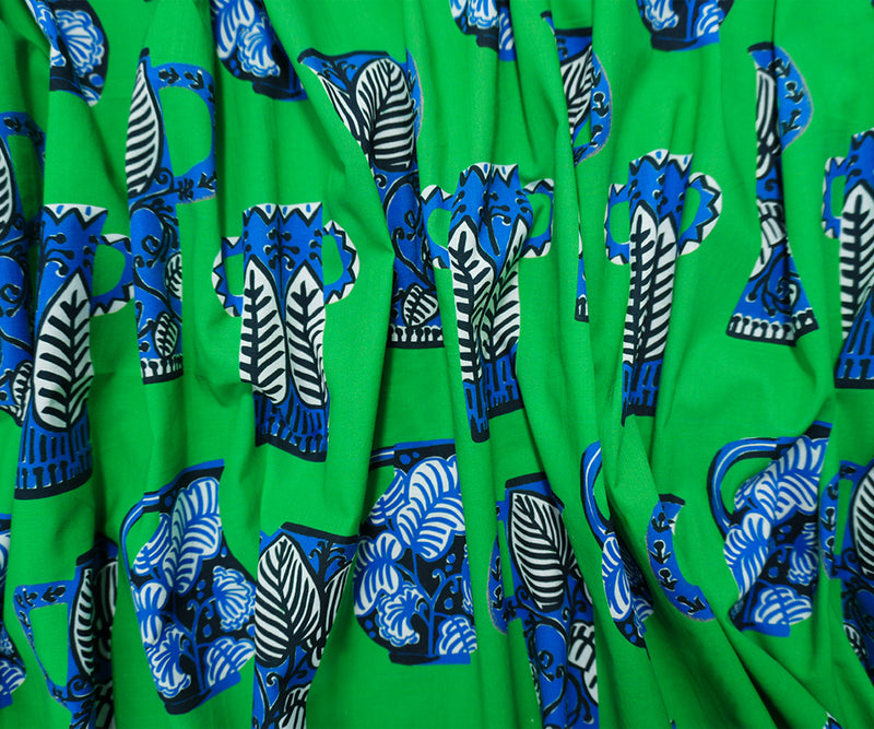 Green-Blue Famous Designer Cotton Vase Printed Batiste Woven Fabric