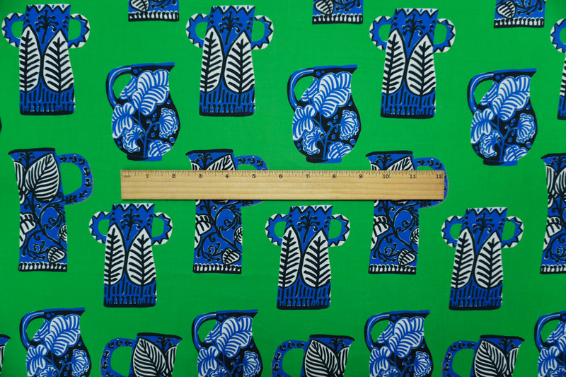 Green-Blue Famous Designer Cotton Vase Printed Batiste Woven Fabric