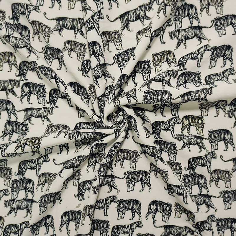 White-Black Famous Designer Viscose Tiger Crepe Faille Fabric