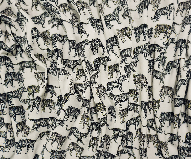 White-Black Famous Designer Viscose Tiger Crepe Faille Fabric