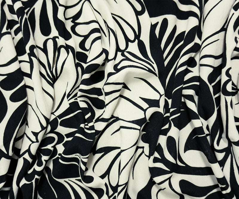Black-White Famous Designer Viscose Floral Crepe Faille Fabric