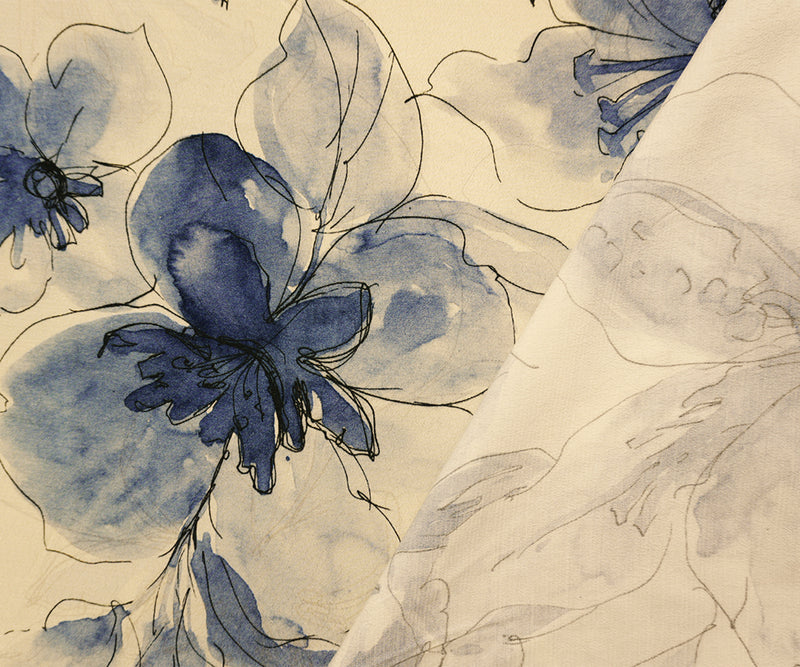 Ivory-Blue Famous Designer Viscose Floral Printed Crepe Faille Woven Fabric