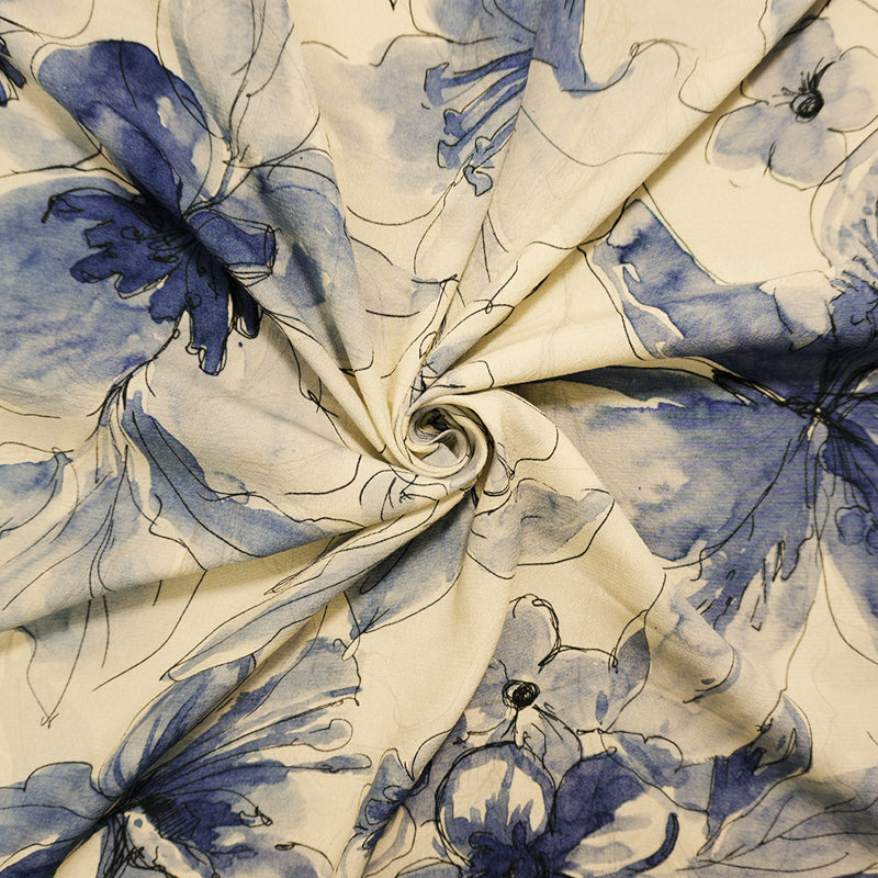 Ivory-Blue Famous Designer Viscose Floral Printed Crepe Faille Woven Fabric