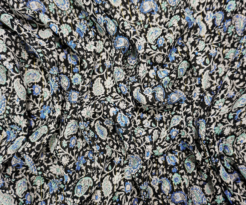 Black-Gold Famous Designer Viscose Paisley Crinkle Chiffon Fabric