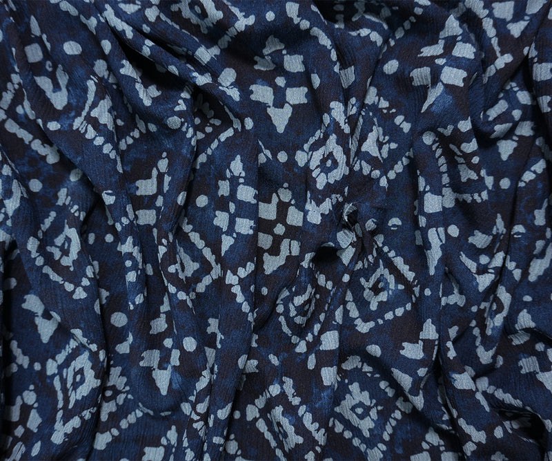Blue Famous Designer Viscose Diamond Crinkled Crepe Woven Fabric