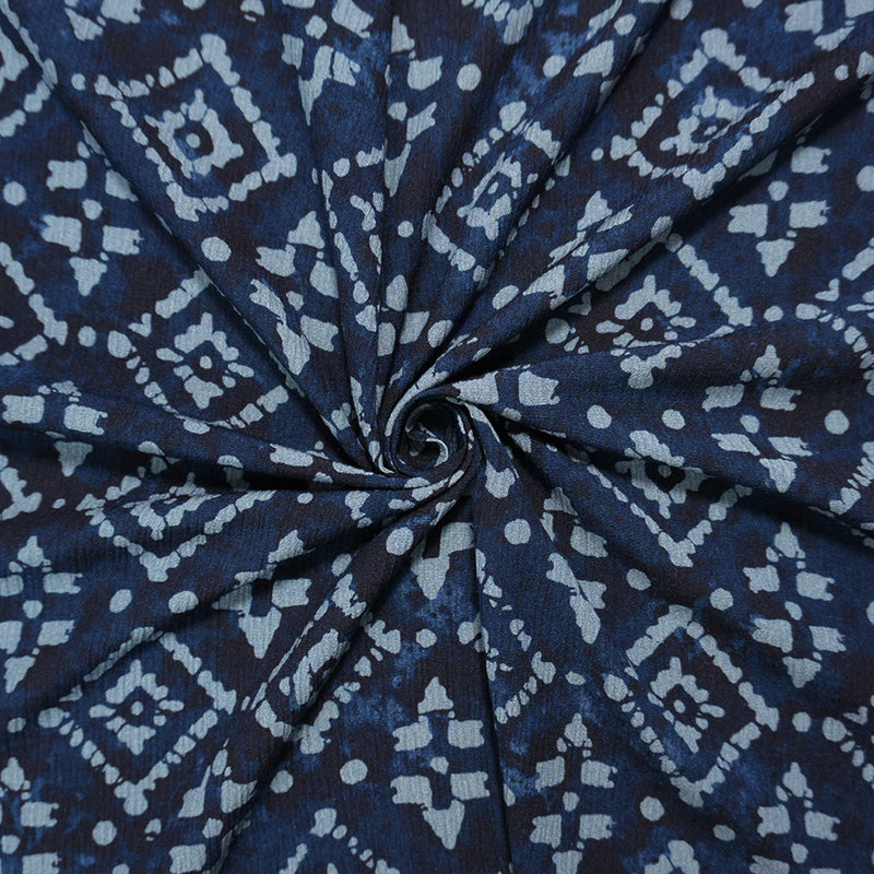 Blue Famous Designer Viscose Diamond Crinkled Crepe Woven Fabric