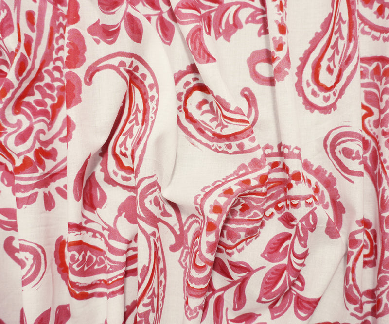 White-Red Famous Designer Cotton Paisley Printed Batiste Fabric