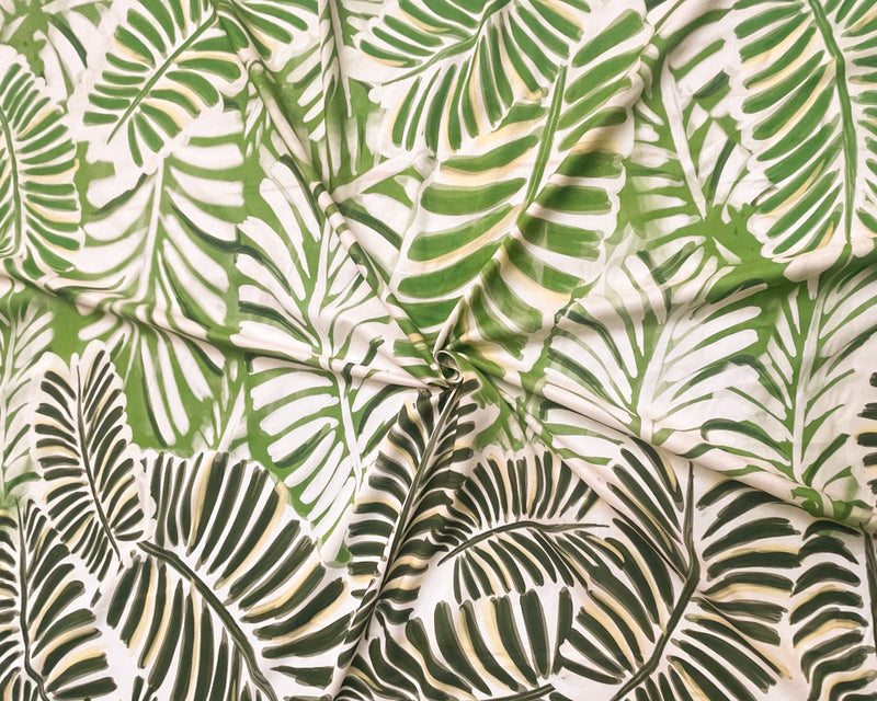 Green-White Famous Designer Cotton Leaves Voile PANEL Fabric
