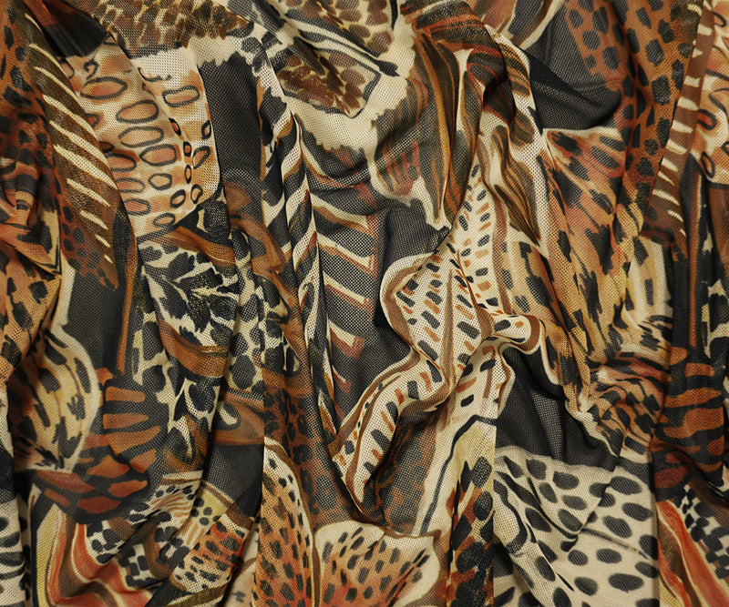 Brown-Multi Famous Designer Poly Floral Stretch Mesh Knit Fabric