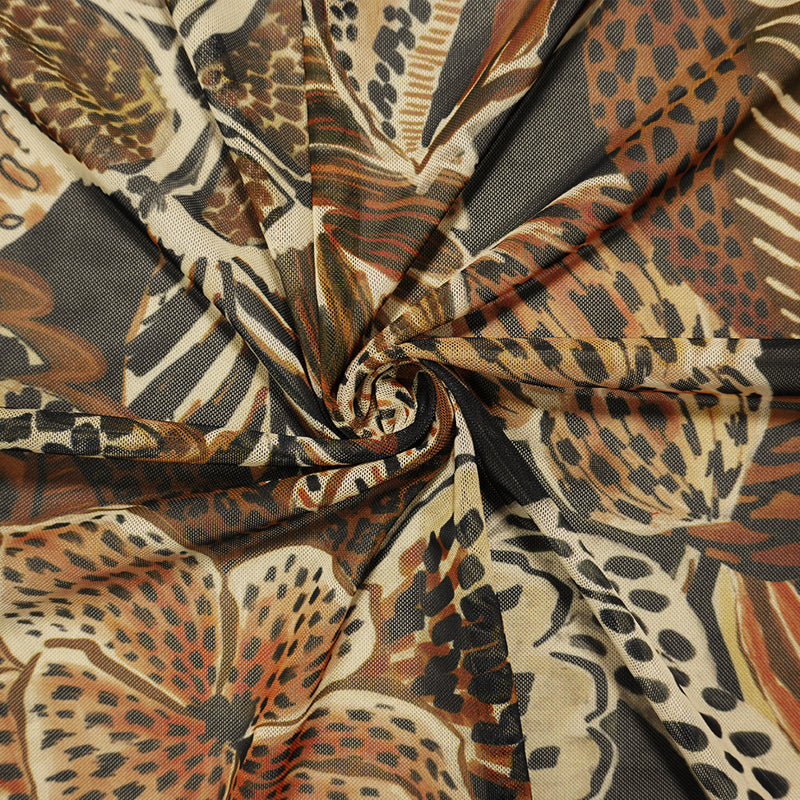 Brown-Multi Famous Designer Poly Floral Stretch Mesh Knit Fabric
