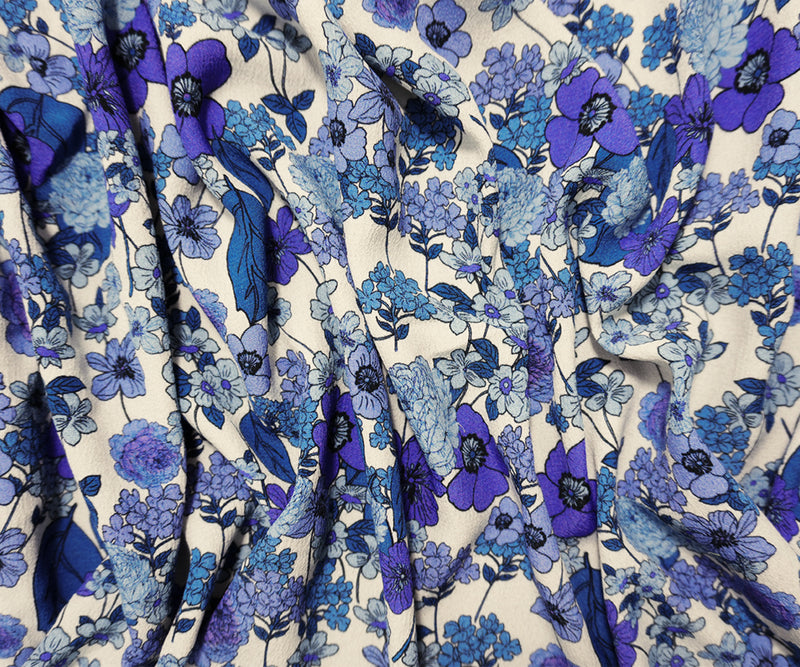 Blue-White Famous Designer Viscose Floral Crepe Faille Fabric