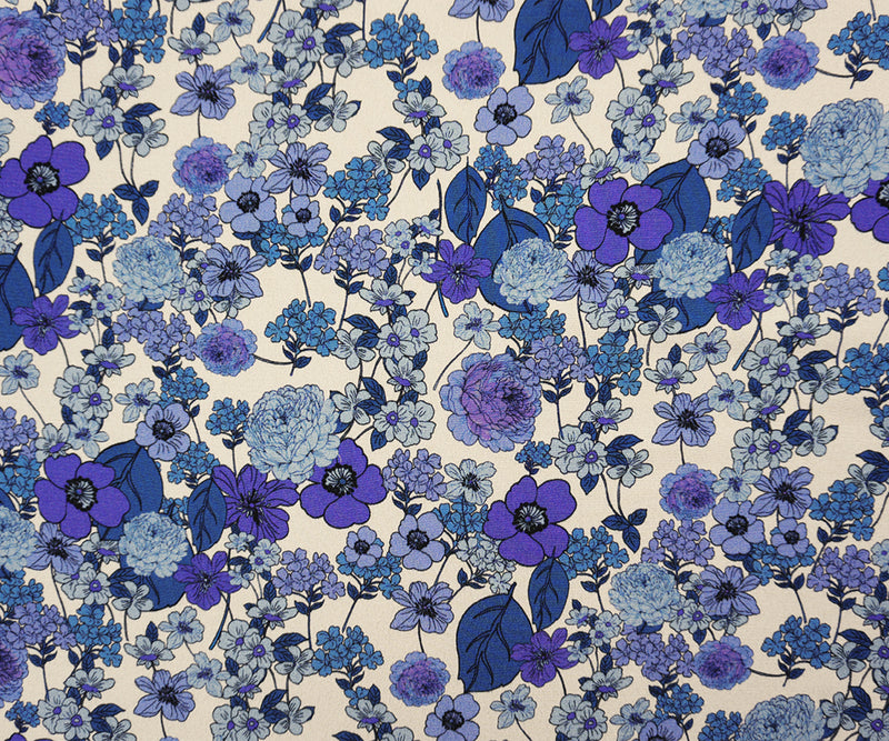Blue-White Famous Designer Viscose Floral Crepe Faille Fabric