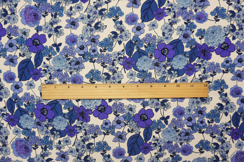 Blue-White Famous Designer Viscose Floral Crepe Faille Fabric