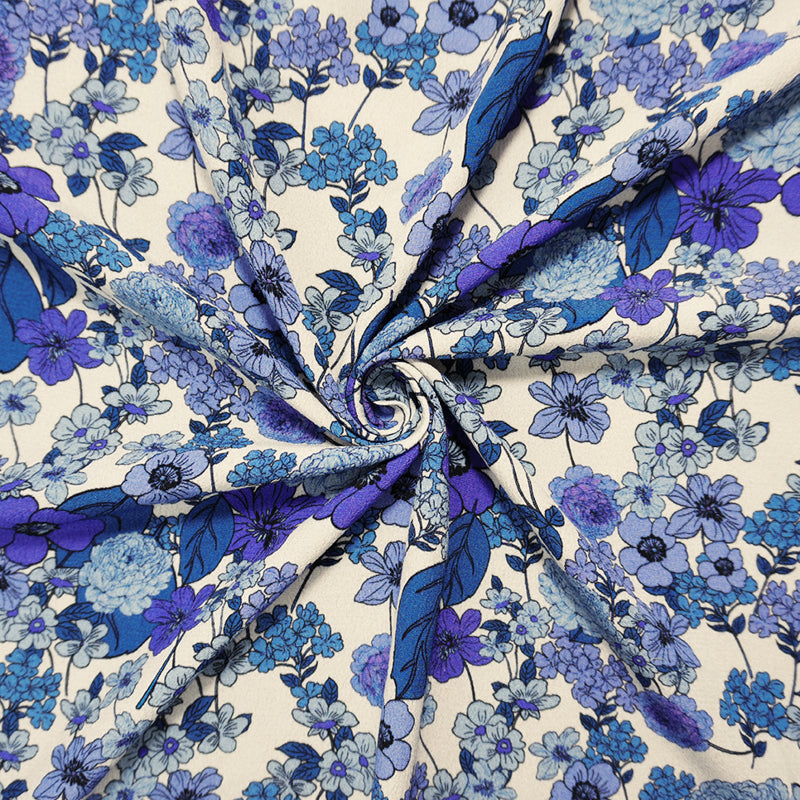 Blue-White Famous Designer Viscose Floral Crepe Faille Fabric