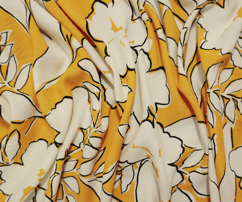 Yellow-White Famous Designer Viscose Floral Crepe Faille Fabric