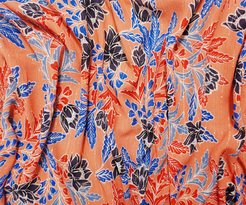 Orange-Gold Famous Designer Viscose Silk Floral Chiffon Fabric