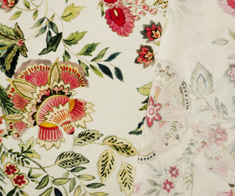 Ivory-Multi Famous Designer Viscose Floral Printed Crepe Faille Woven Fabric